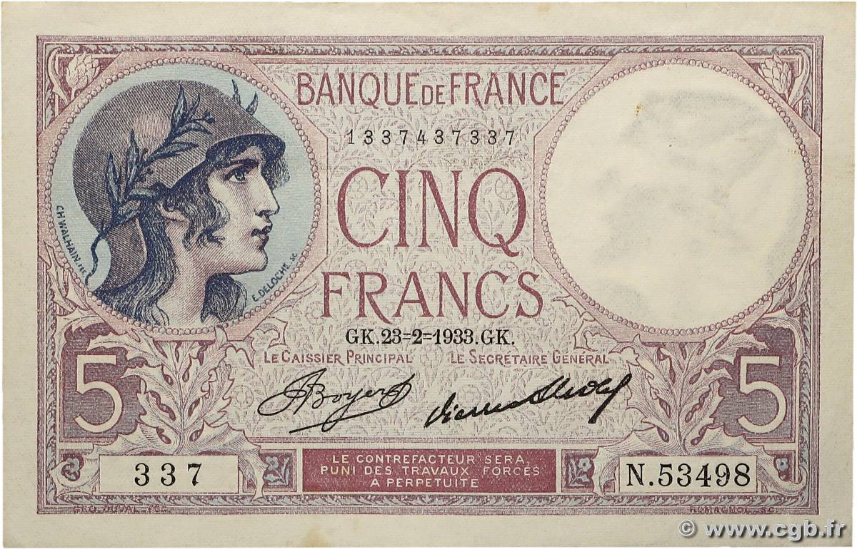 5 Francs FEMME CASQUÉE FRANCE  1933 F.03.17 XF