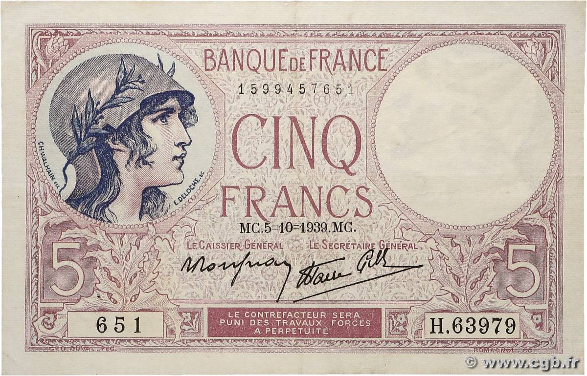 5 Francs FEMME CASQUÉE modifié FRANCE  1939 F.04.11 XF-