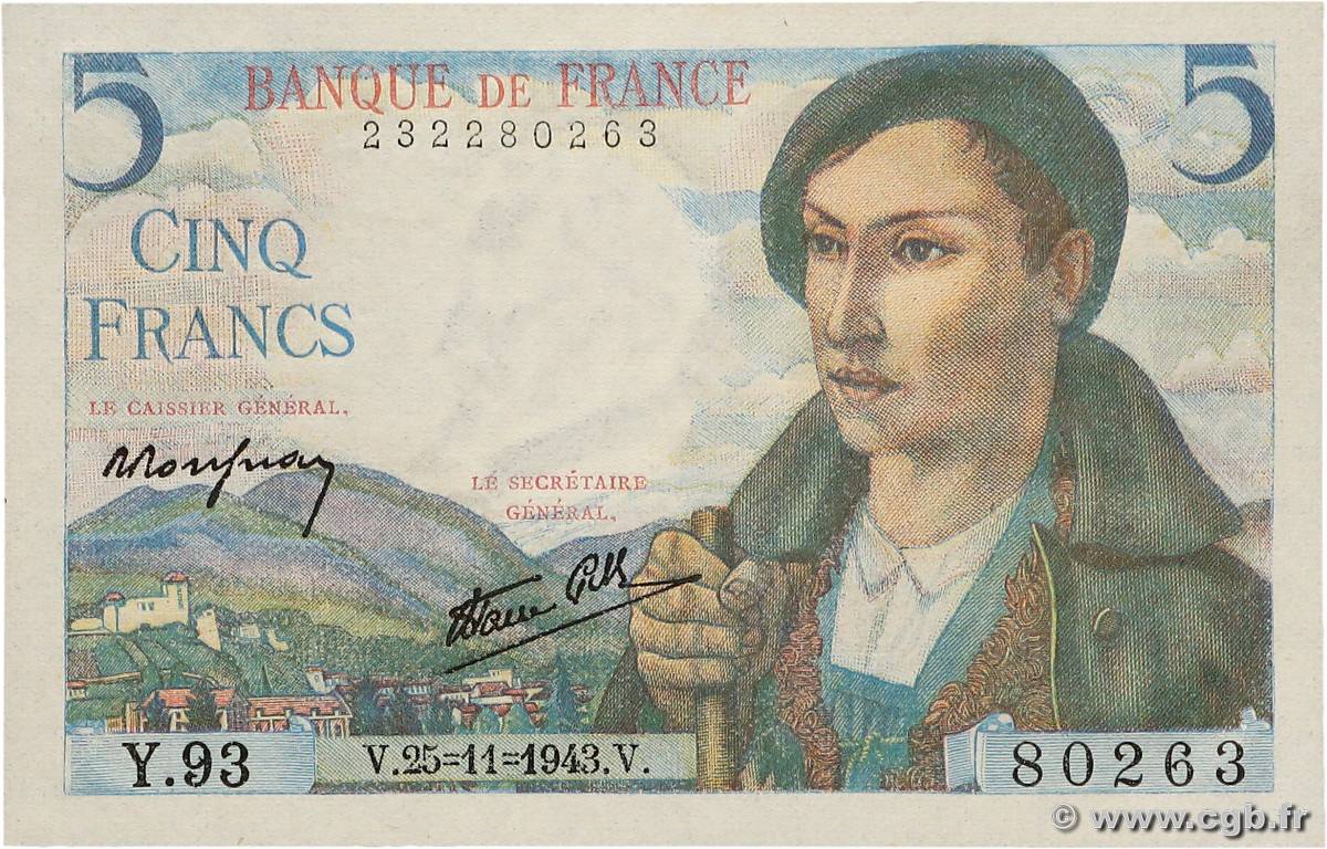 5 Francs BERGER FRANCE  1943 F.05.03 UNC-
