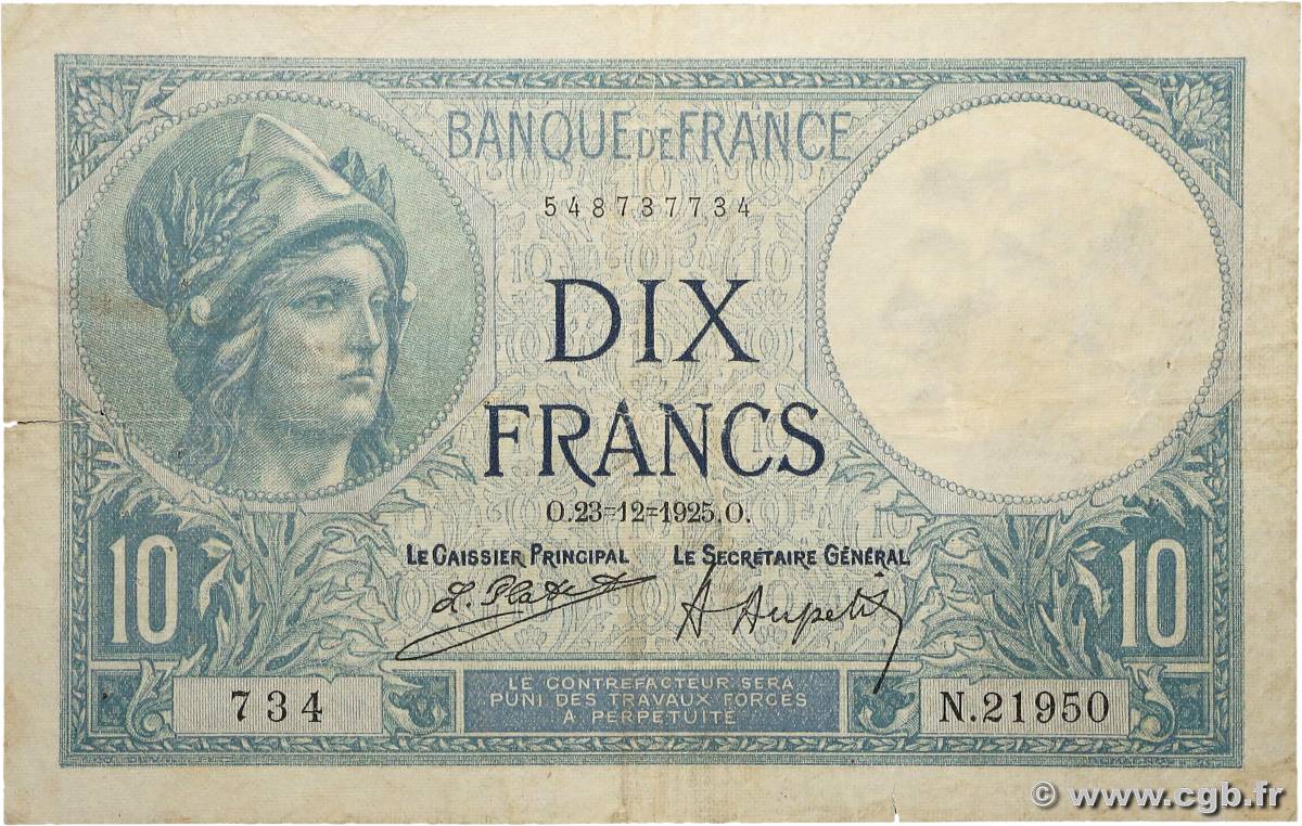 10 Francs MINERVE FRANCE  1925 F.06.09 F