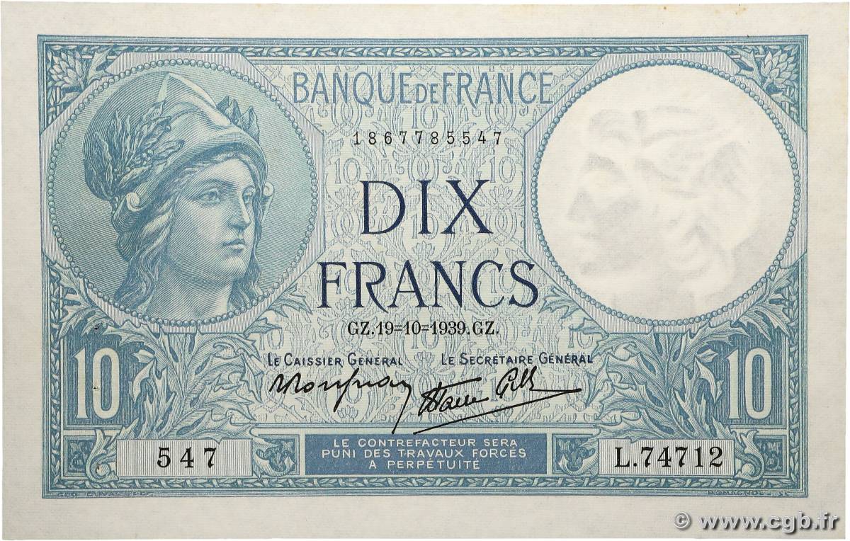 10 Francs MINERVE modifié FRANCE  1939 F.07.12 AU