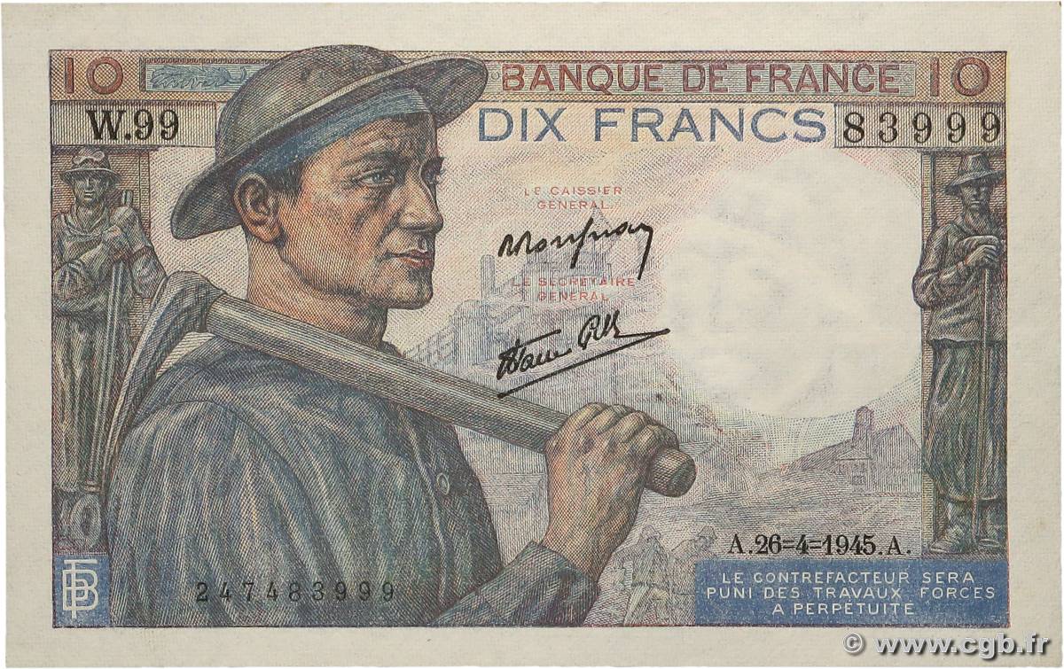 10 Francs MINEUR FRANCE  1945 F.08.14 AU+