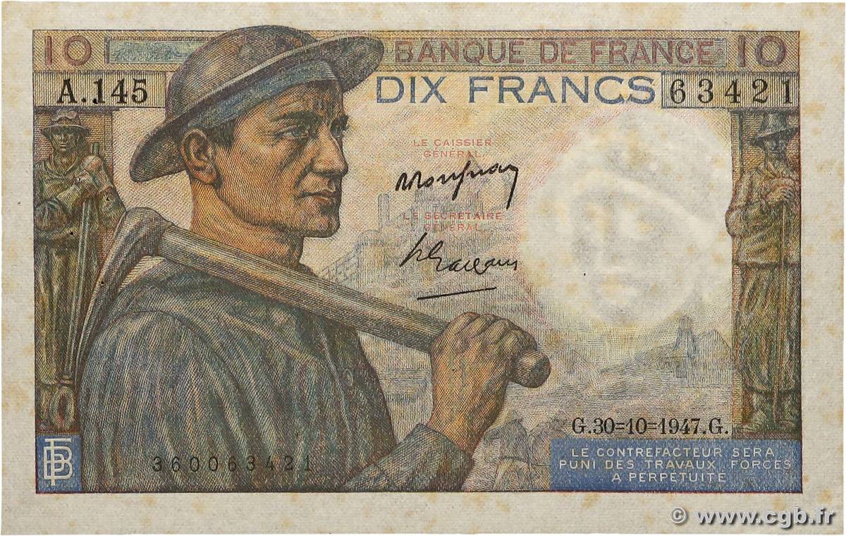 10 Francs MINEUR FRANCE  1947 F.08.18 XF