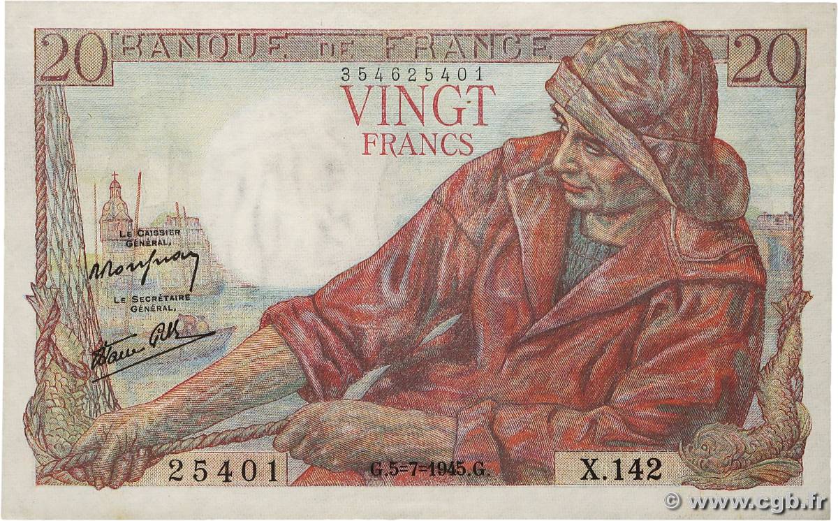 20 Francs PÊCHEUR FRANCE  1945 F.13.10 AU-
