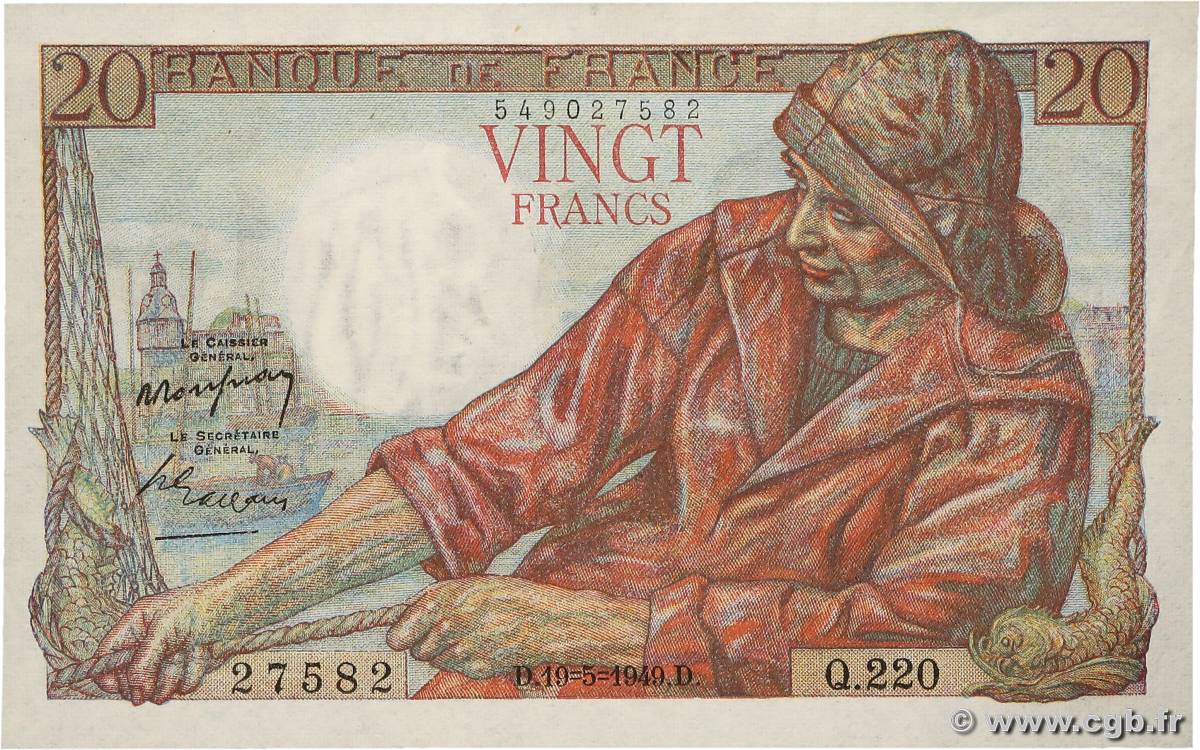 20 Francs PÊCHEUR FRANCE  1949 F.13.15 AU+