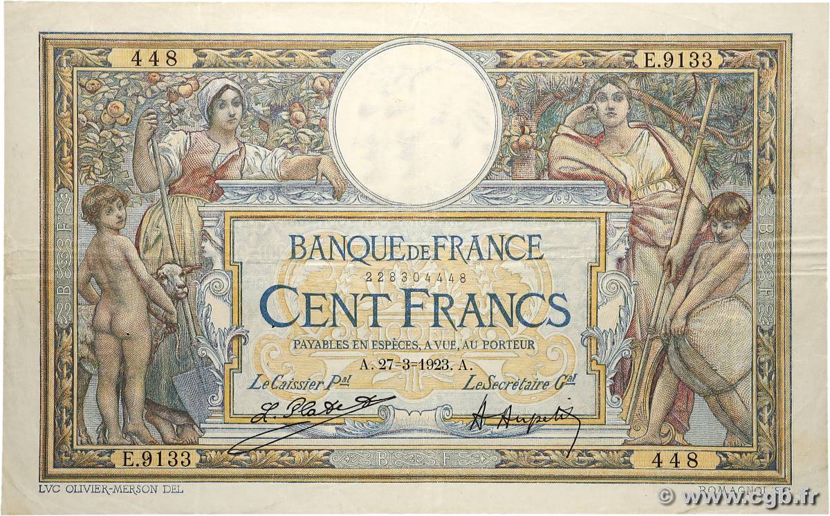 100 Francs LUC OLIVIER MERSON sans LOM FRANCE  1923 F.23.16 VF