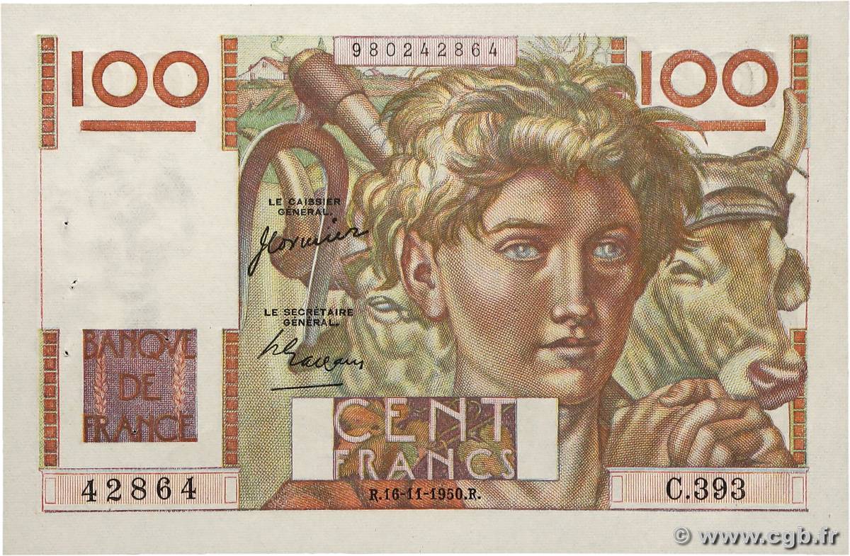100 Francs JEUNE PAYSAN FRANCE  1950 F.28.28 SUP+