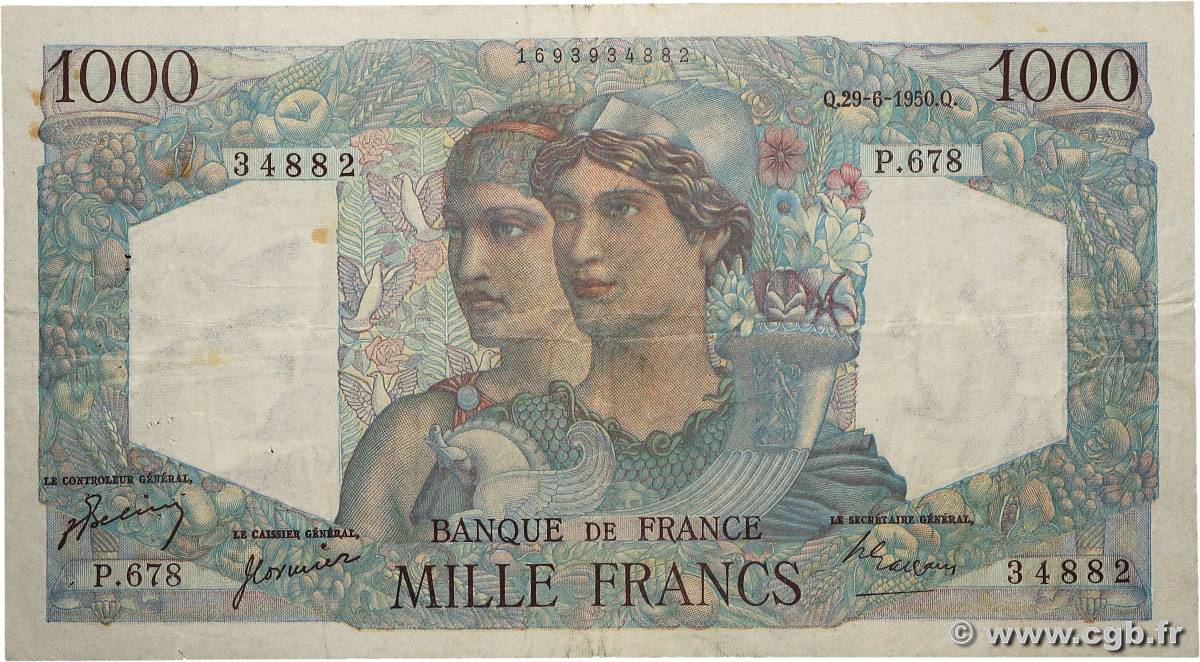 1000 Francs MINERVE ET HERCULE FRANCE  1950 F.41.33 F+