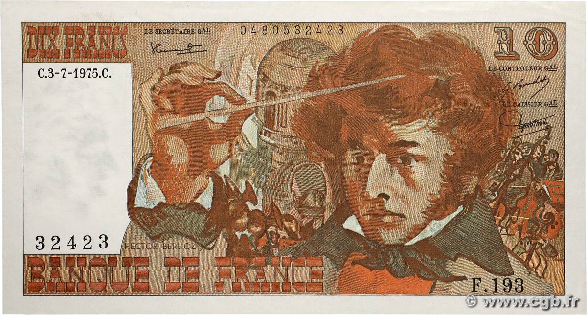 10 Francs BERLIOZ Numéro radar FRANCE  1975 F.63.11 AU+