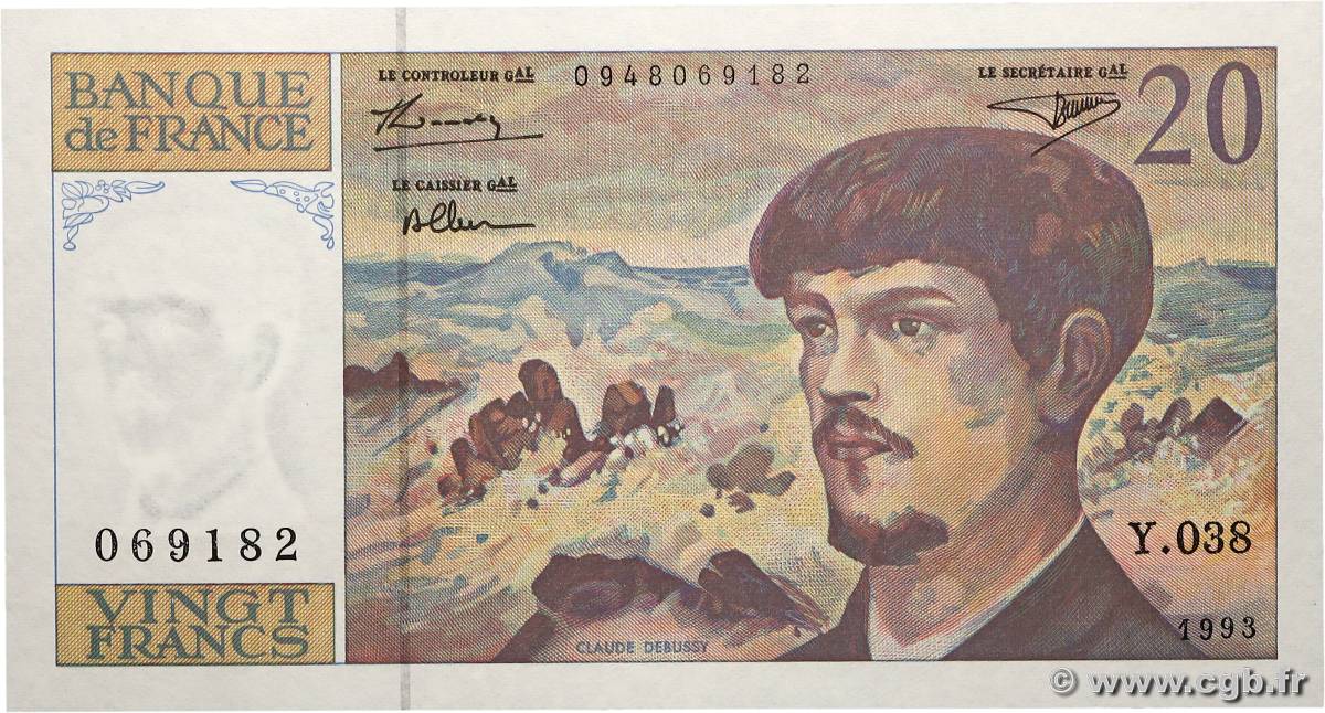 20 Francs DEBUSSY à fil de sécurité FRANCE  1993 F.66bis.04 UNC
