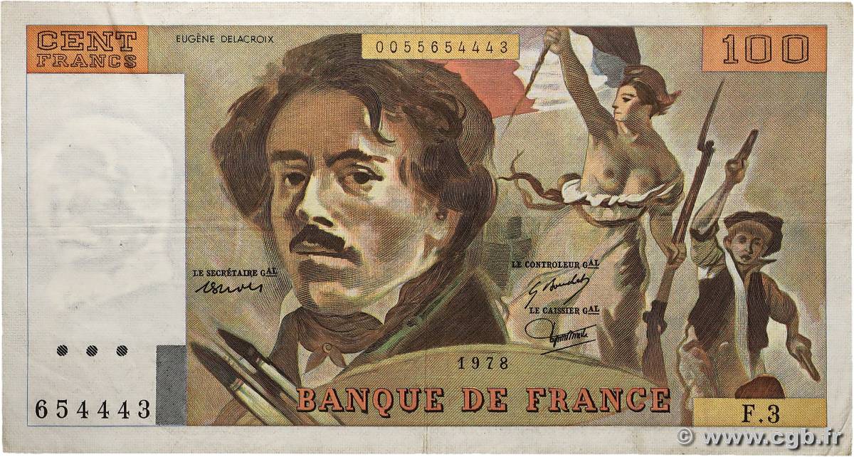 100 Francs DELACROIX FRANCE  1978 F.68.03 VF-