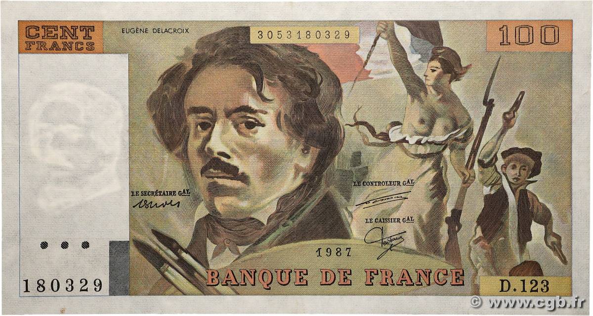 100 Francs DELACROIX modifié FRANCE  1987 F.69.11 XF