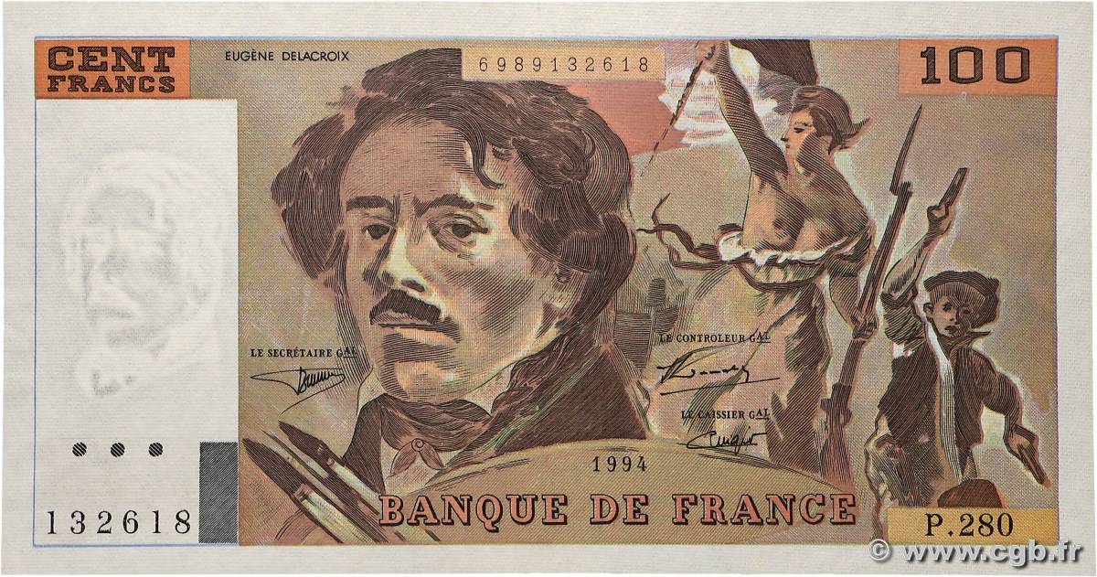 100 Francs DELACROIX 442-1 & 442-2 FRANCE  1994 F.69ter.01c AU+