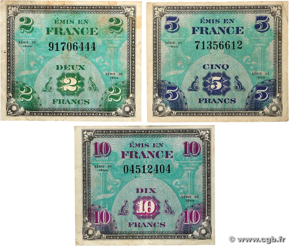 2, 5 et 10 Francs DRAPEAU Lot FRANCE  1944 VF.16.01, VF.17.01, VF.18.01 TB à TTB