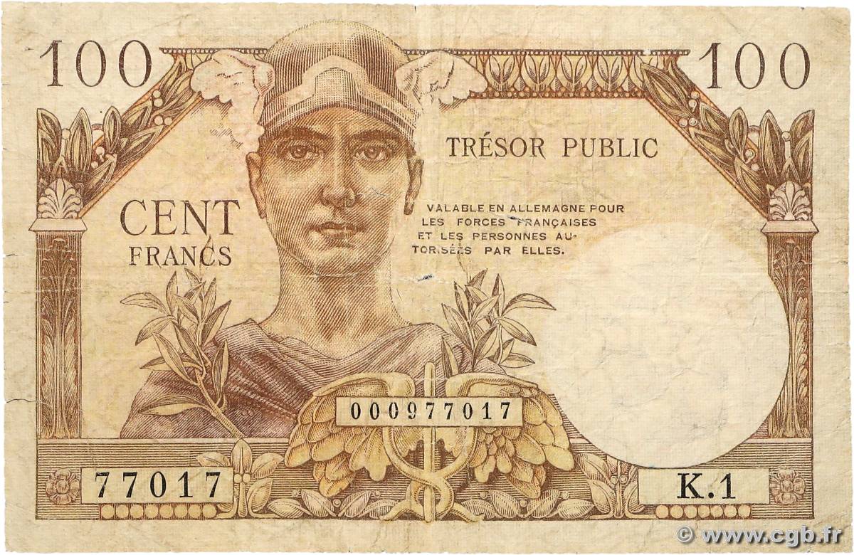 100 Francs TRÉSOR PUBLIC FRANCE  1955 VF.34.01 VG