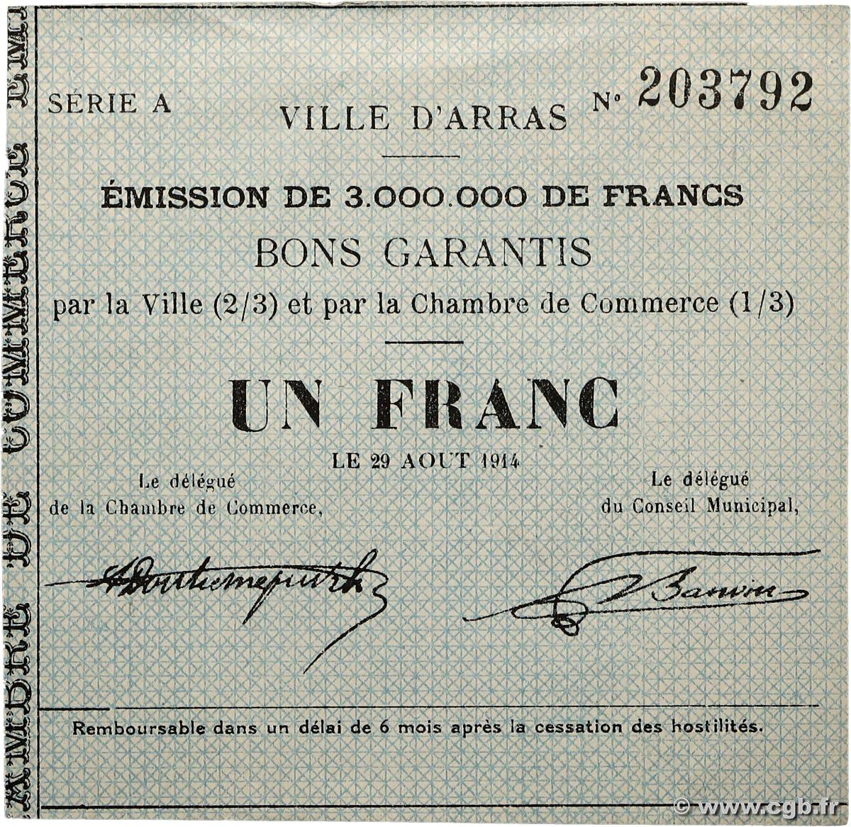 1 Franc FRANCE régionalisme et divers Arras 1914 JP.62-0012 SUP+