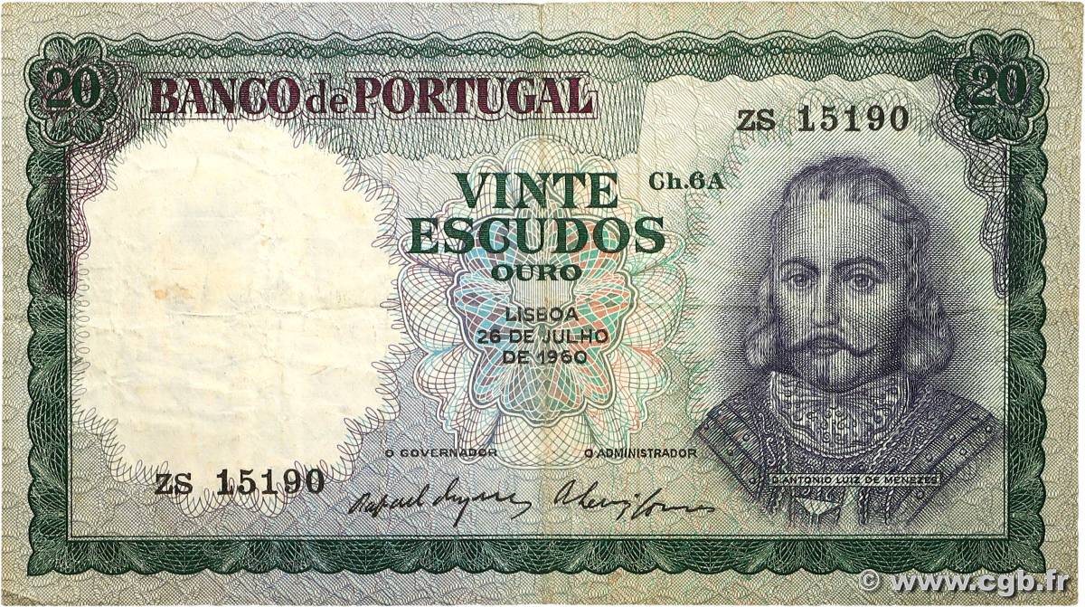 20 Escudos PORTUGAL  1960 P.163a TB