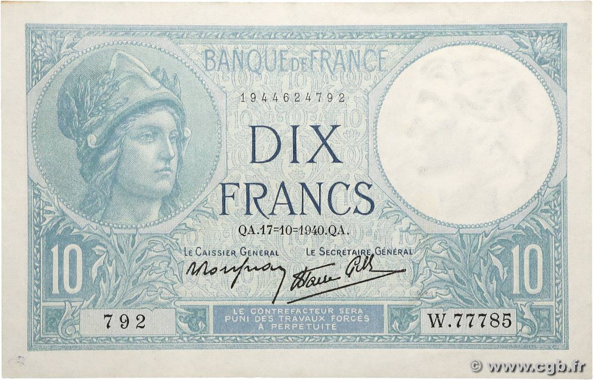 10 Francs MINERVE modifié FRANCE  1940 F.07.17 XF