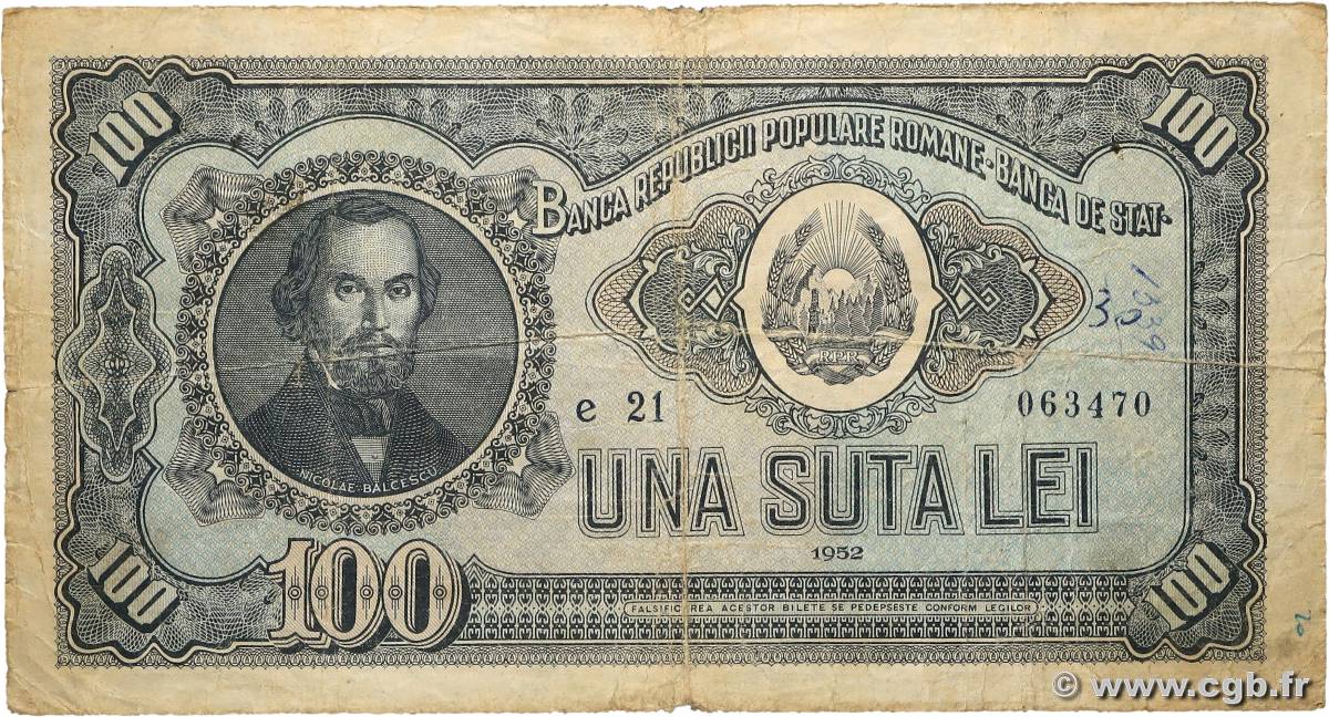 100 Lei ROUMANIE  1952 P.090b B
