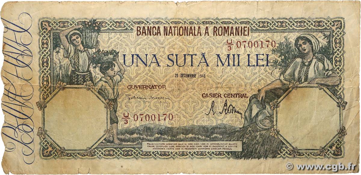 100000 Lei ROUMANIE  1946 P.058a B+