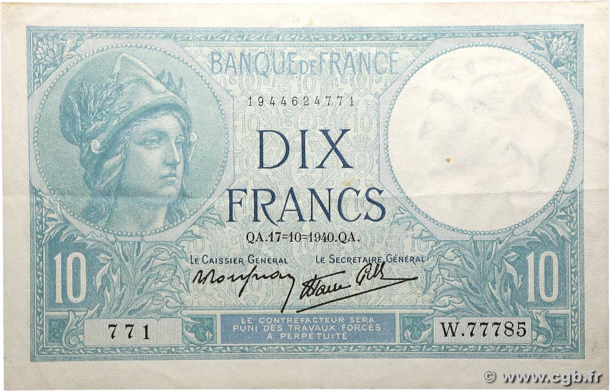 10 Francs MINERVE modifié FRANCE  1940 F.07.17 SUP