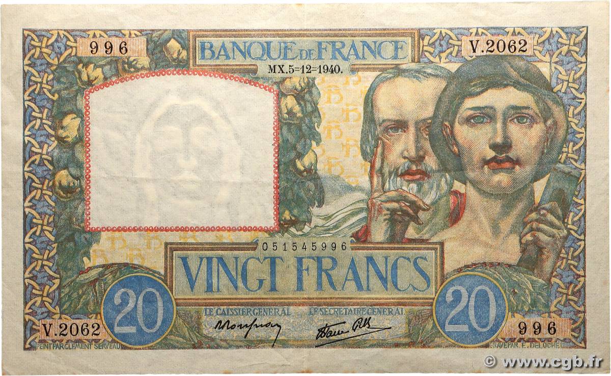 20 Francs TRAVAIL ET SCIENCE FRANCE  1940 F.12.10 TTB