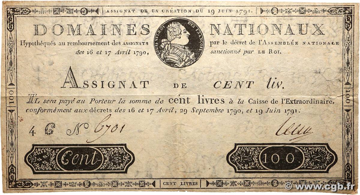 100 Livres FRANCE  1791 Ass.15a TB+