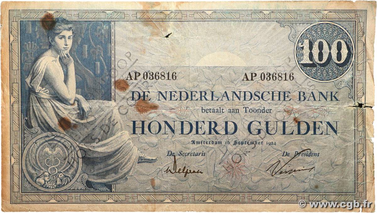 100 Gulden Annulé PAYS-BAS  1924 P.039b B
