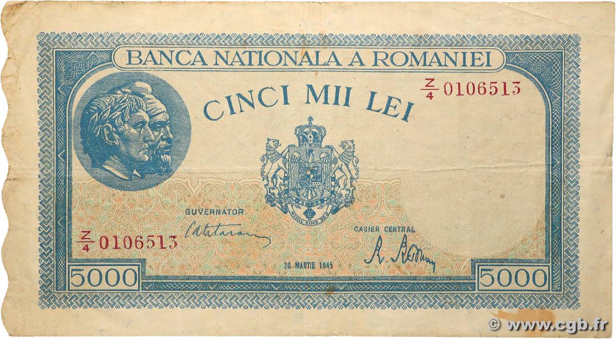 5000 Lei ROUMANIE  1945 P.056a TB
