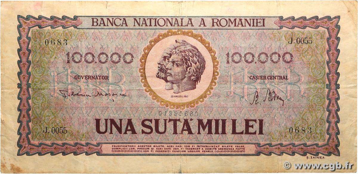 100000 Lei ROUMANIE  1947 P.059 TB