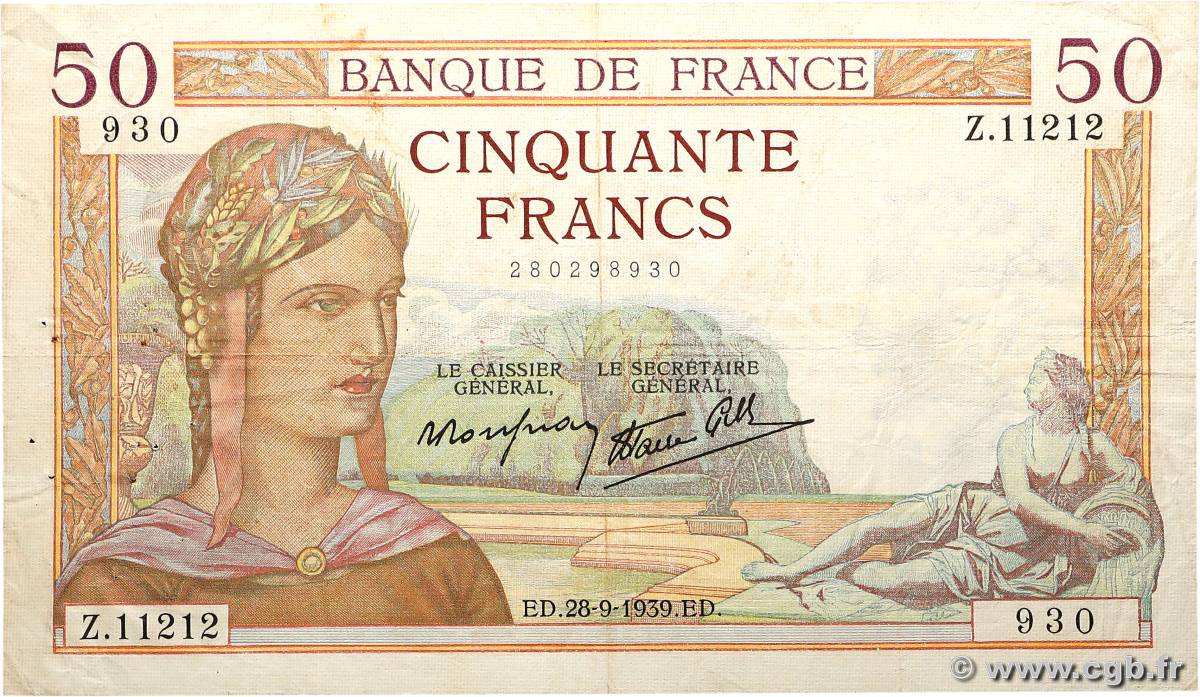 50 Francs CÉRÈS modifié FRANCE  1939 F.18.32 TB+
