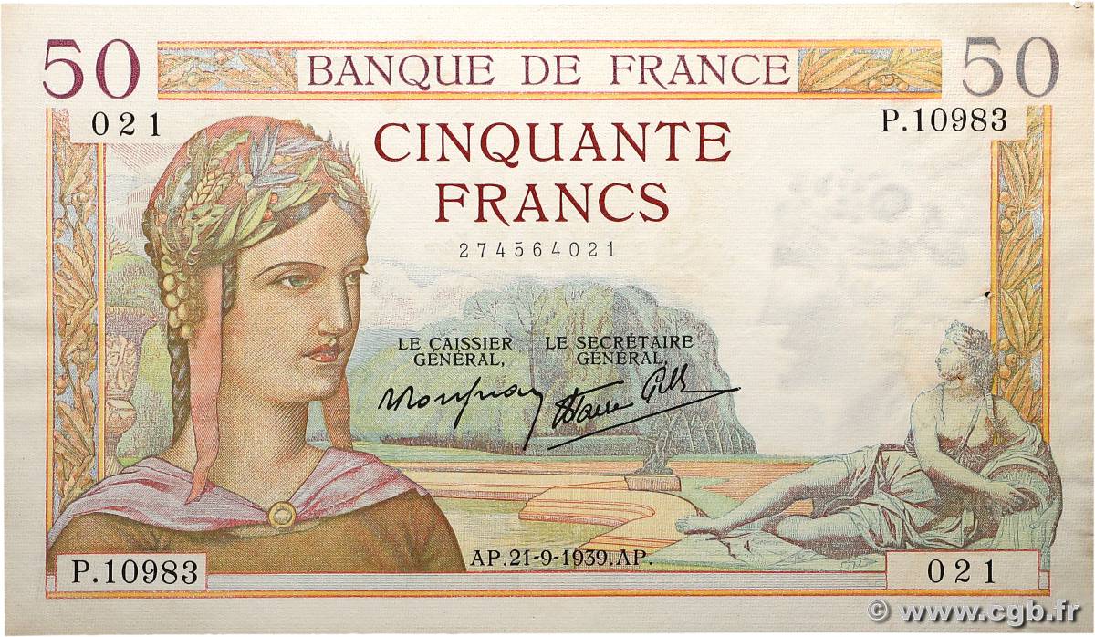 50 Francs CÉRÈS modifié FRANCE  1939 F.18.31 TTB