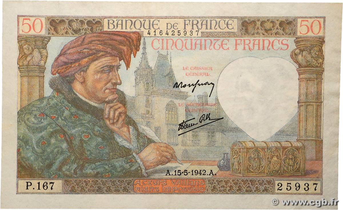 50 Francs JACQUES CŒUR FRANCE  1942 F.19.20 TTB