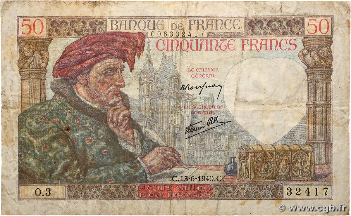50 Francs JACQUES CŒUR FRANCE  1940 F.19.01 TB