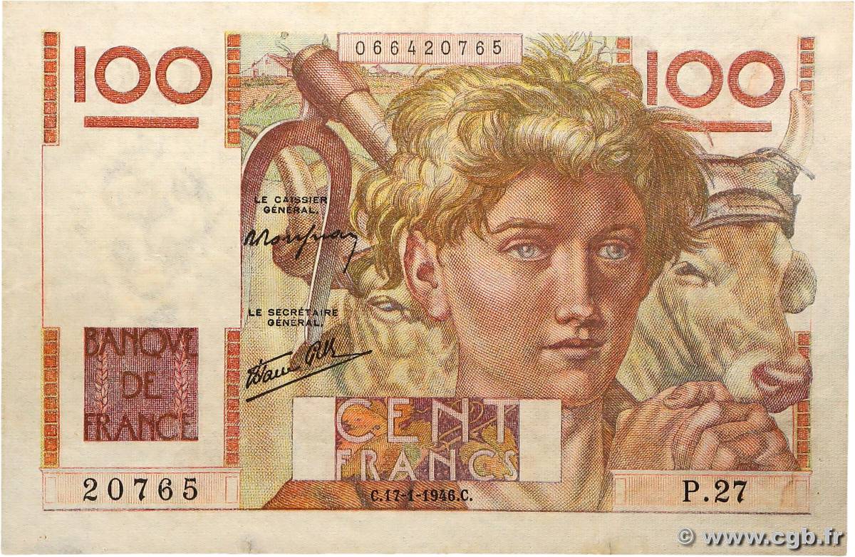 100 Francs JEUNE PAYSAN FRANCE  1946 F.28.02 TTB