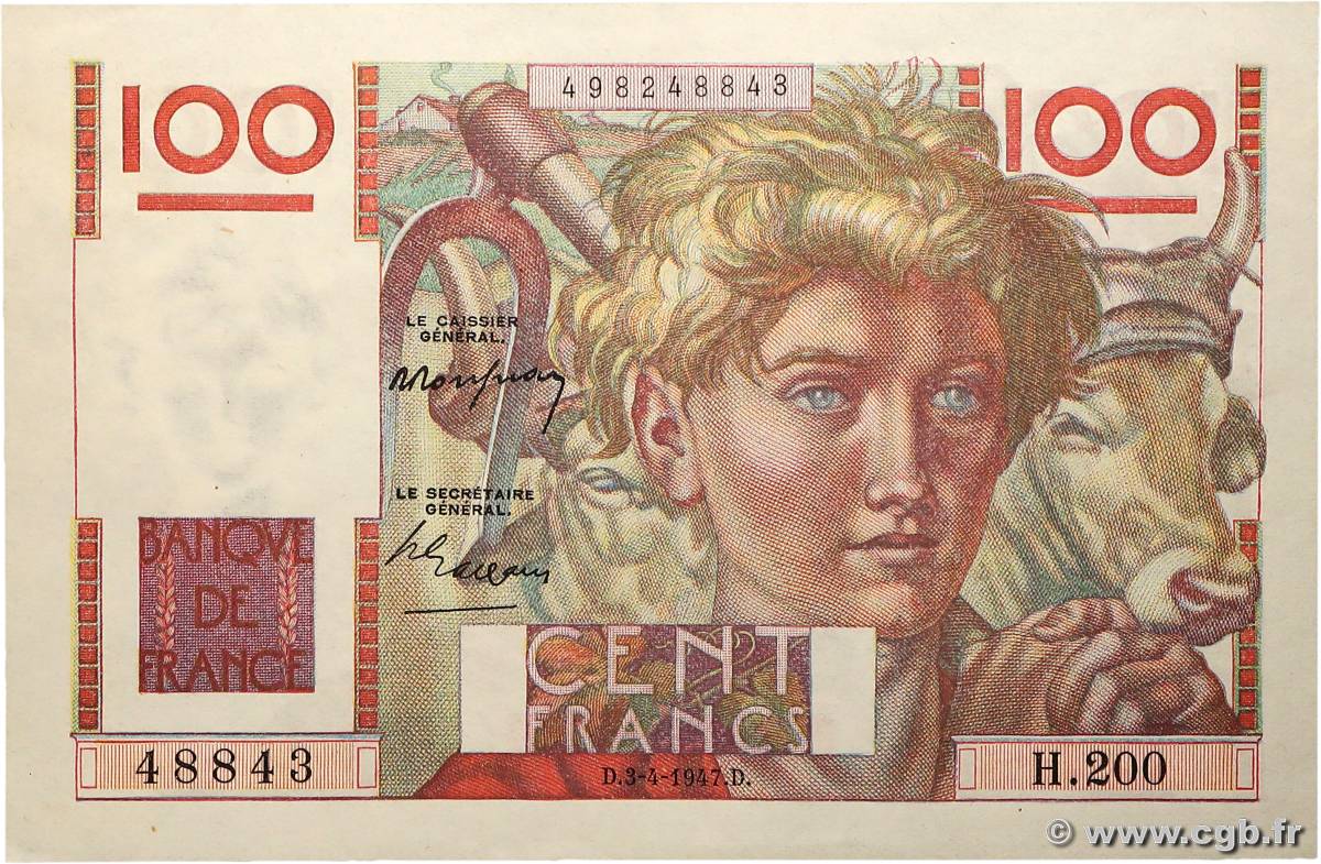100 Francs JEUNE PAYSAN FRANCE  1947 F.28.14 SUP+