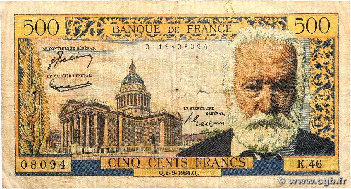 500 Francs VICTOR HUGO FRANCE  1954 F.35.03 B+