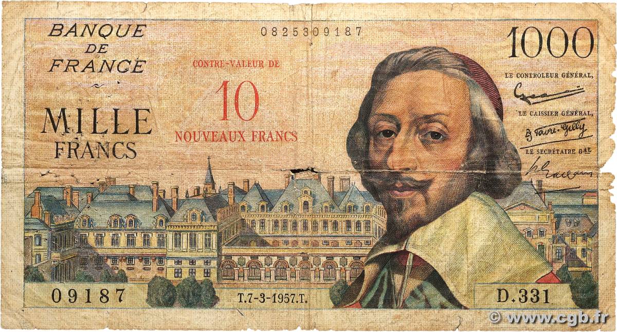 10 NF sur 1000 Francs RICHELIEU FRANCE  1957 F.53.01 pr.B