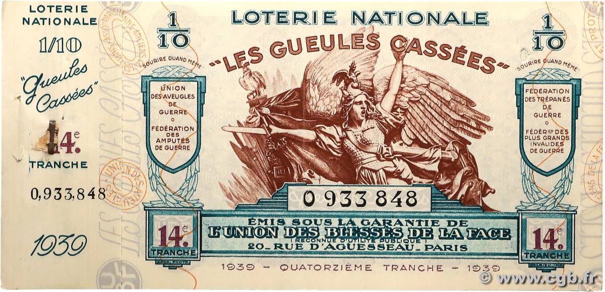 Carnet de Bons de Loterie de 1/10ème FRANCE régionalisme et divers  1939  SUP+