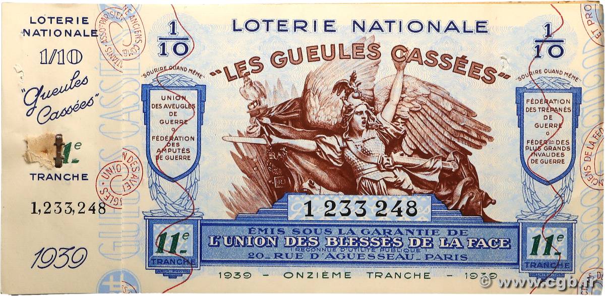 Carnet de Bons de Loterie de 1/10ème FRANCE régionalisme et divers  1939  SUP+