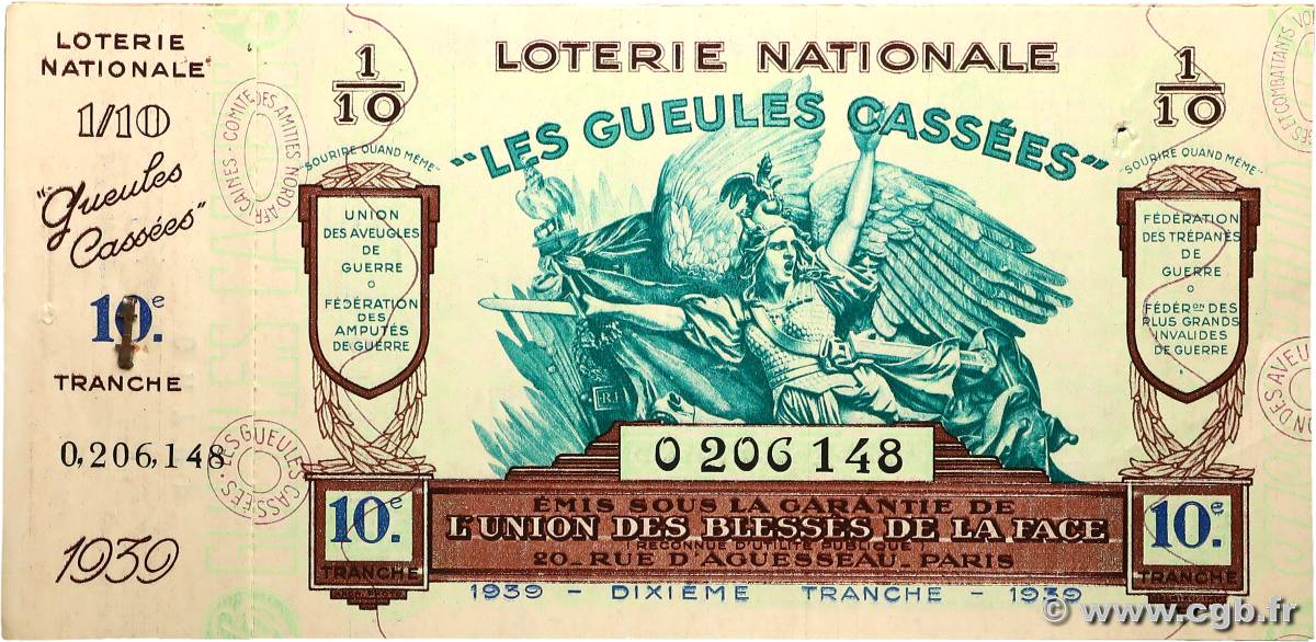 Carnet de Bons de Loterie de 1/10ème FRANCE régionalisme et divers  1939  SUP+
