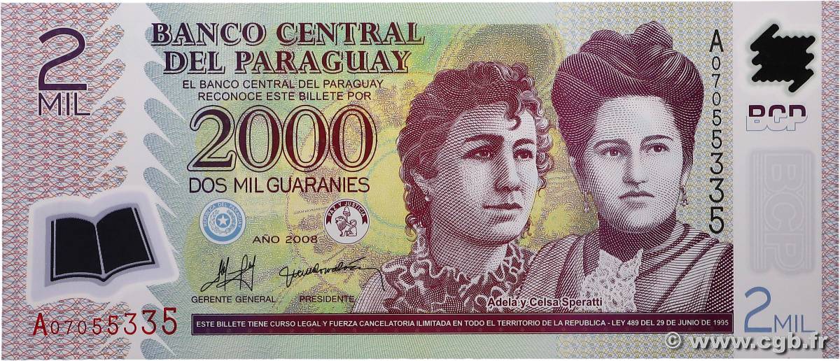 2000 Guaranies PARAGUAY  2008 P.228b UNC-