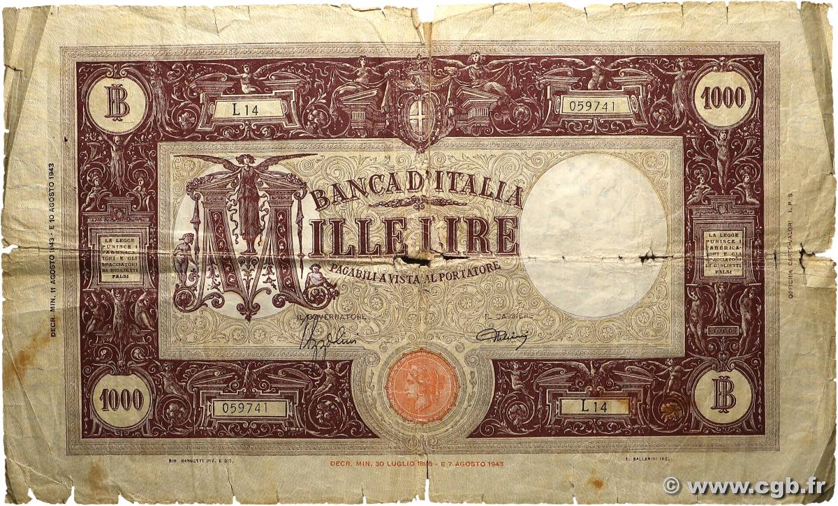 1000 Lire ITALIE  1944 P.072a pr.B