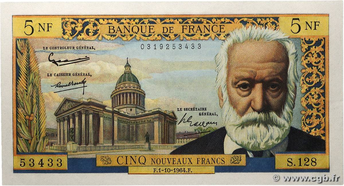 5 Nouveaux Francs VICTOR HUGO FRANCE  1964 F.56.16 XF