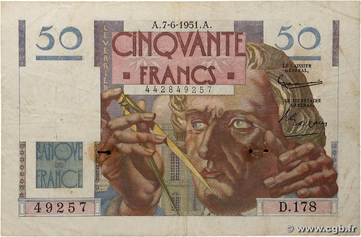 50 Francs LE VERRIER FRANCE  1951 F.20.18 F