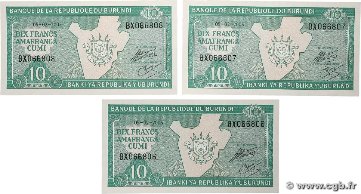 10 Francs Consécutifs BURUNDI  2005 P.33e NEUF