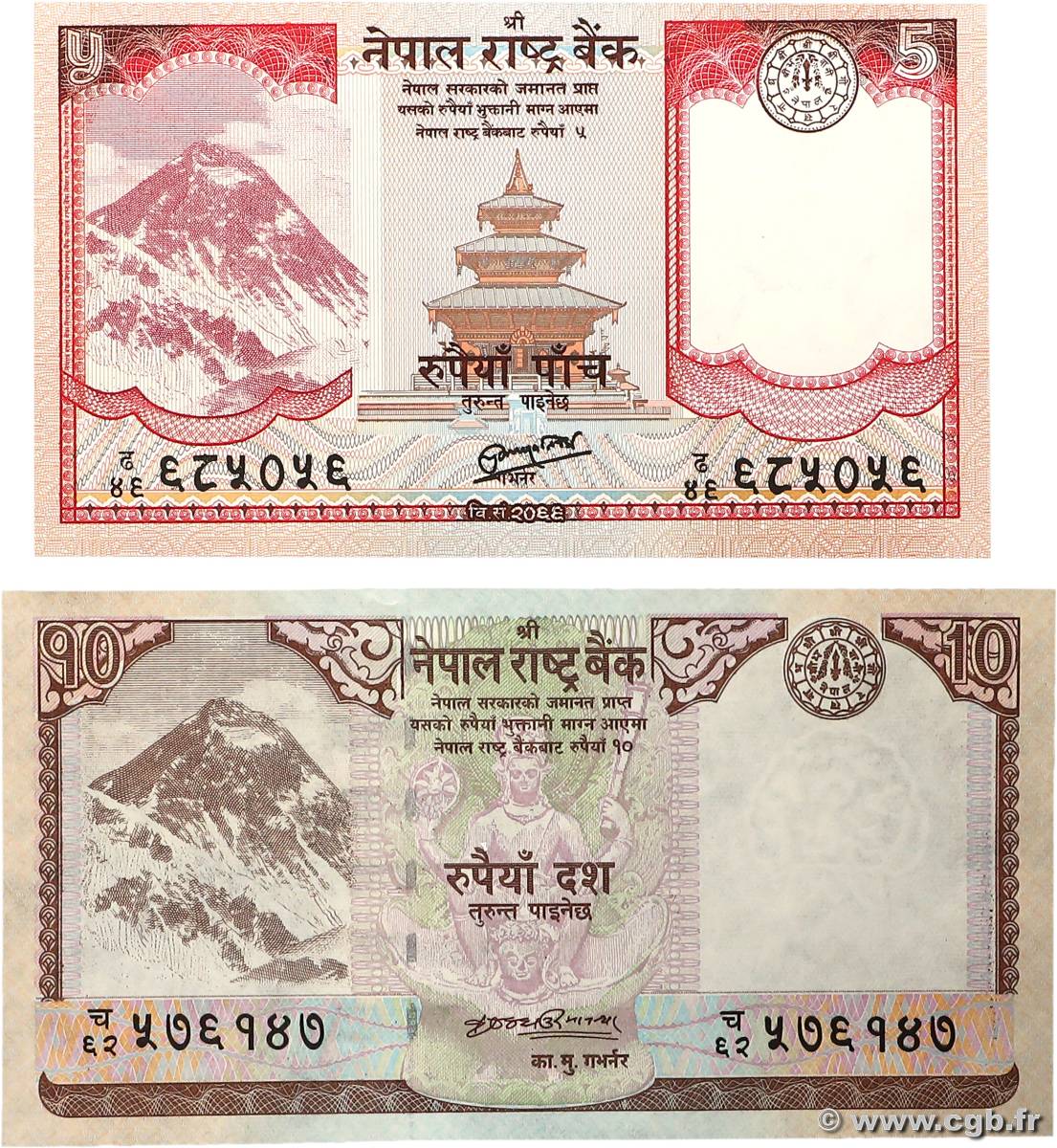 5 et 10  Rupees Lot NÉPAL  2008 P.61a et P.69 NEUF