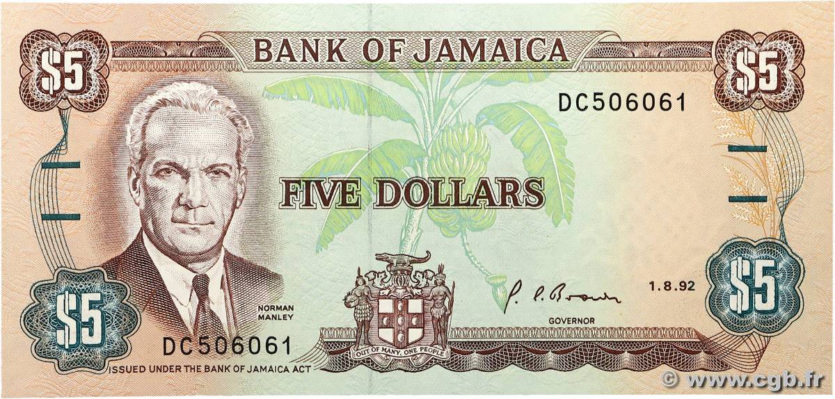 5 Dollars JAMAICA  1992 P.70d UNC