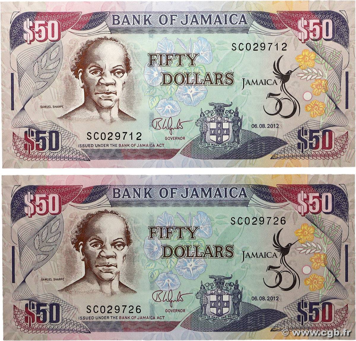 50 Dollars Lot JAMAICA  2012 P.48A UNC