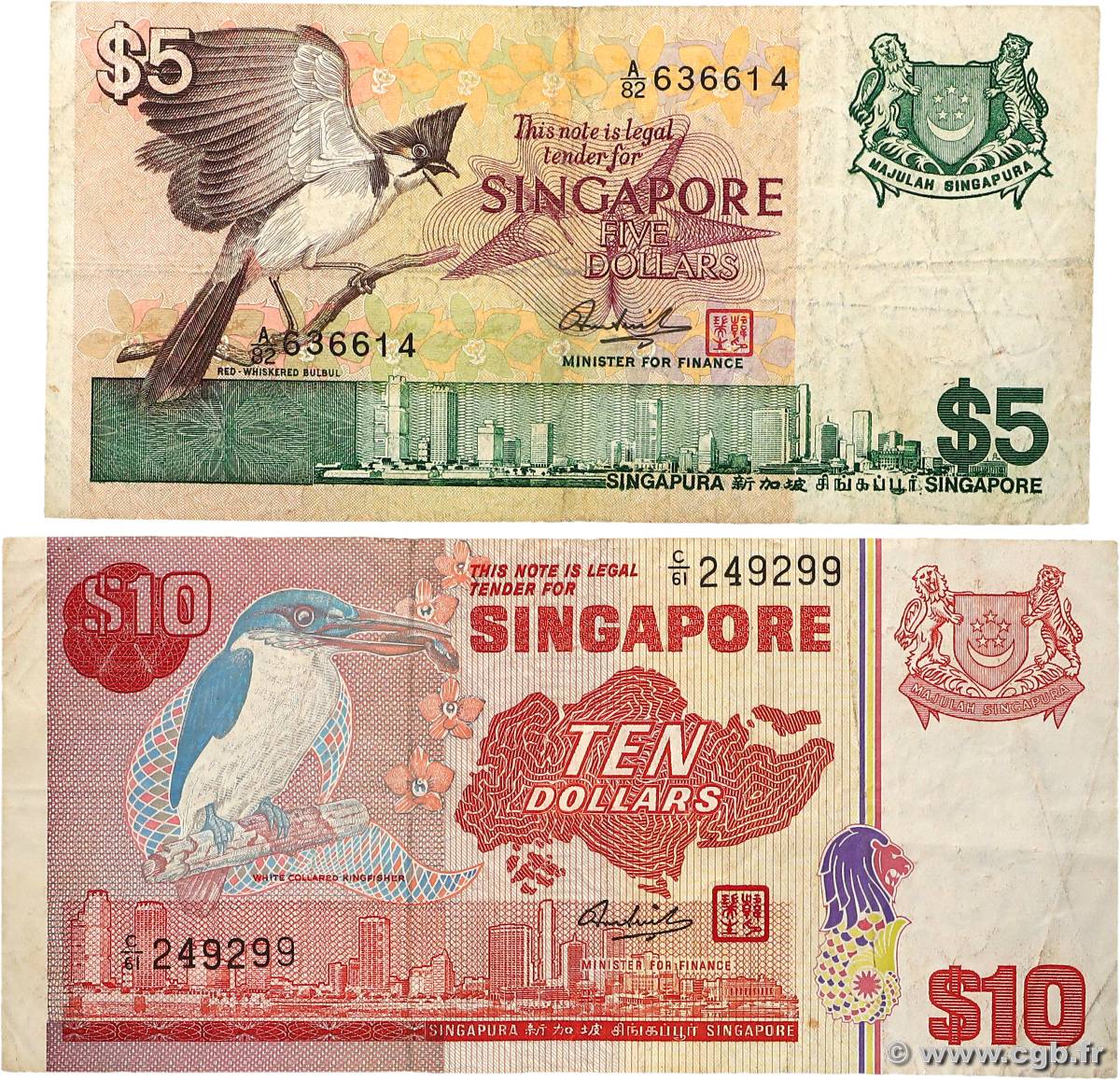 5 et 10 Dollars Lot SINGAPOUR  1976 P.10 et P.11b TB